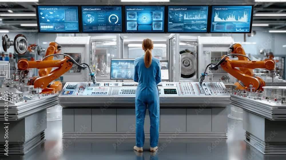 Poster visionary in the control center: a focused woman in a high-tech control room with advanced robotics,