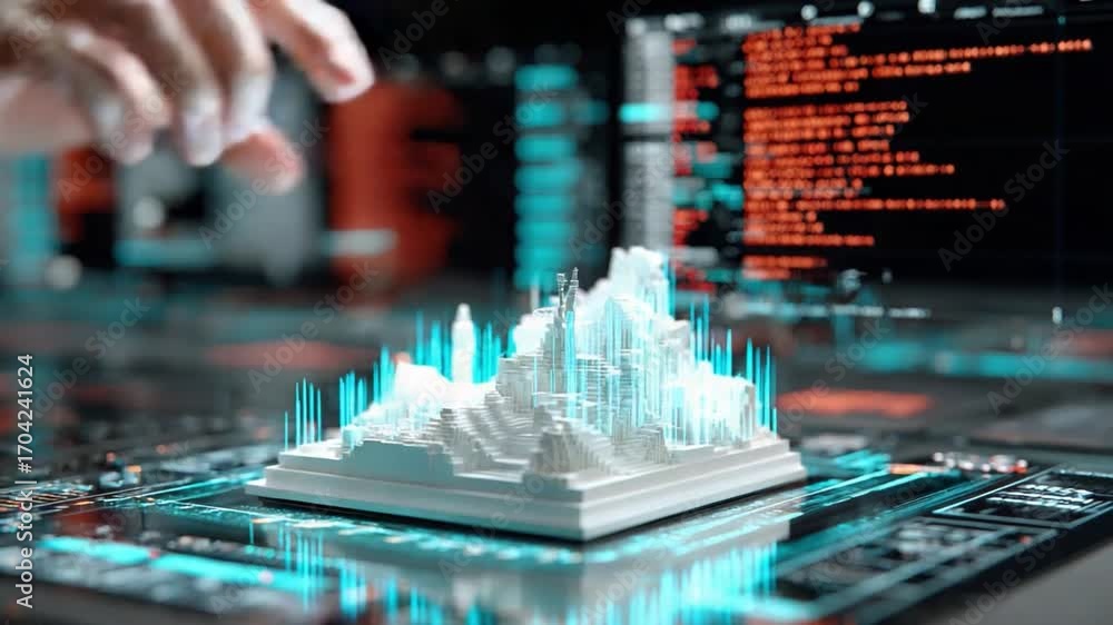 Poster digital mountain visualization: a hand interacts with a holographic mountain model, surrounded by st