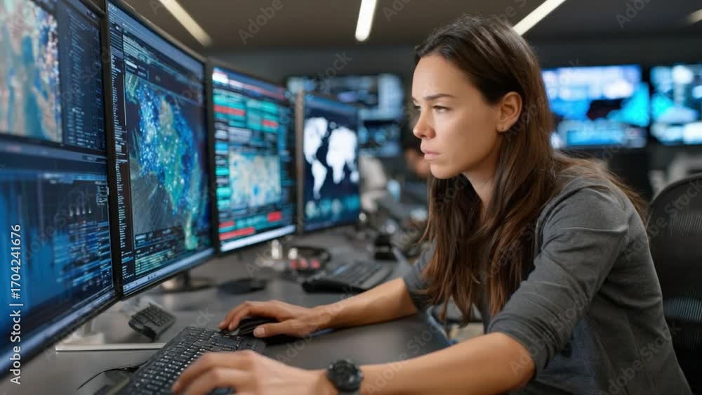 Poster digital vigilance: a focused woman, deeply engrossed in monitoring complex data streams across multi
