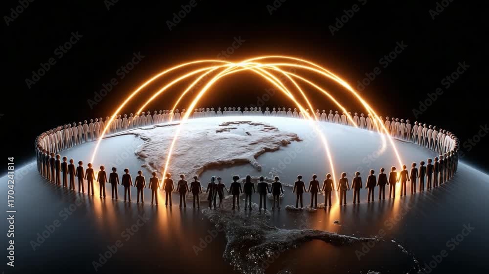 Poster global connection: digital lines of light connect a diverse group of people encircling a representat