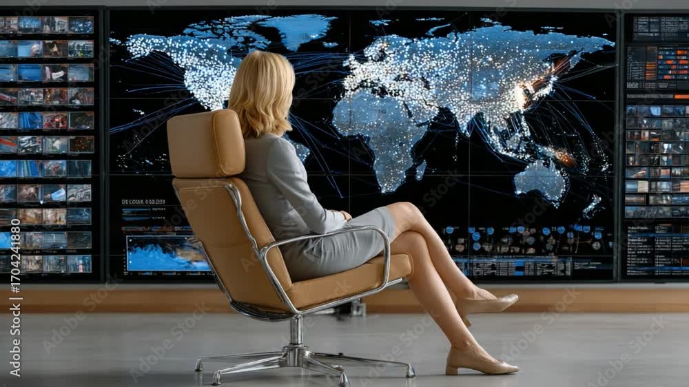 Poster world map visualization: a woman sits in an office chair facing a colossal display showcasing a dyna