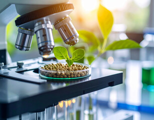 Microscope Examining Plant Seedling in Petri Dish for Scientific Research