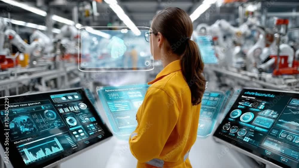 Poster future tech vision: a visionary professional oversees a complex industrial process, navigating an ar