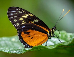 Close-up of an orange and black butterfly resting on a leaf