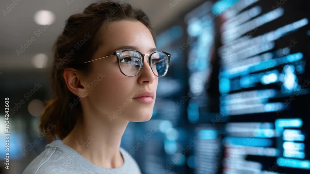 Poster data analysis and insight: a focused woman, illuminated by the glow of a digital screen, dives deep 