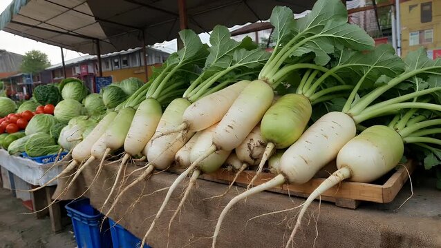 Edible Taproots of the Brassica Rapa Plant Presented for Consumer Purchase at Produce Vendor