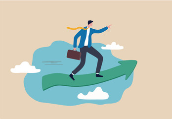 Business moving forward to achieve success, leadership vision for career growth concept, motivated smart businessman riding green rising up arrow graph in high sky pointing to future target.
