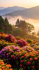 Misty mountaintop blossoms in vibrant hues