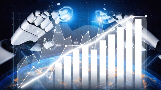 A futuristic robot hand engages with dynamic data visualizations and growth charts, set against a cosmic background, symbolizing technological innovation and progress. Copula