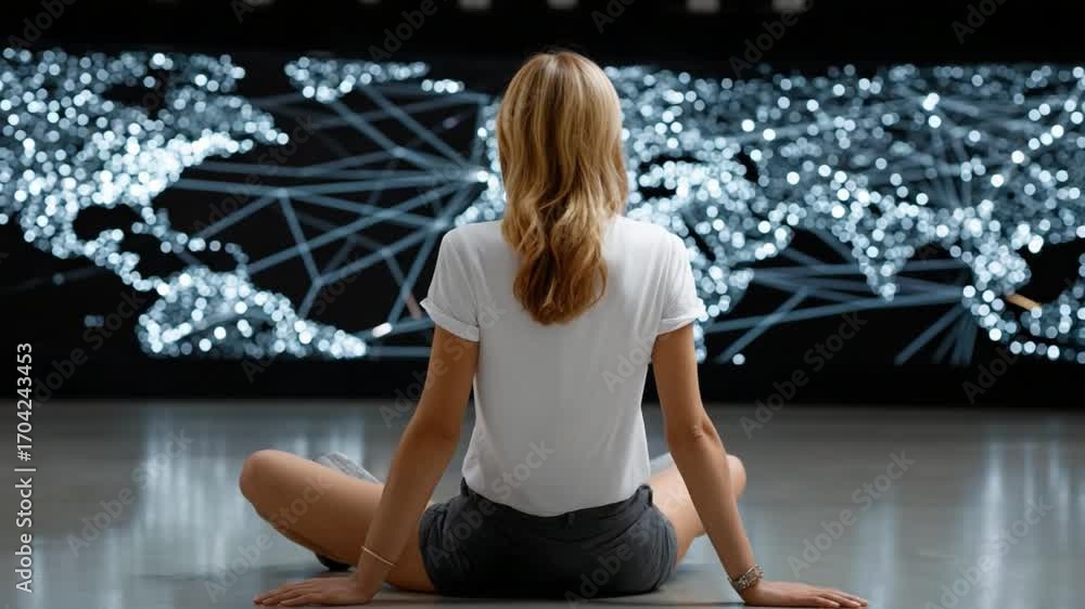 Poster global connection contemplation: a thoughtful individual, seated cross-legged, gazes upon a complex 