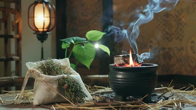 Traditional fragrant pouches alongside dried herbage and earthenware vessel used for burning fuel under the illumination of summer evening