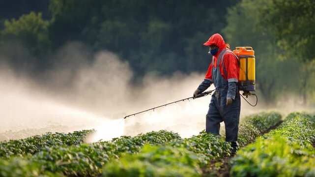 Spraying the Field: A farmer, shielded in protective gear, sprays a verdant field with a mist of pesticide, ensuring crop health and maximizing yield. Capturing the hard work in the agriculture realm.