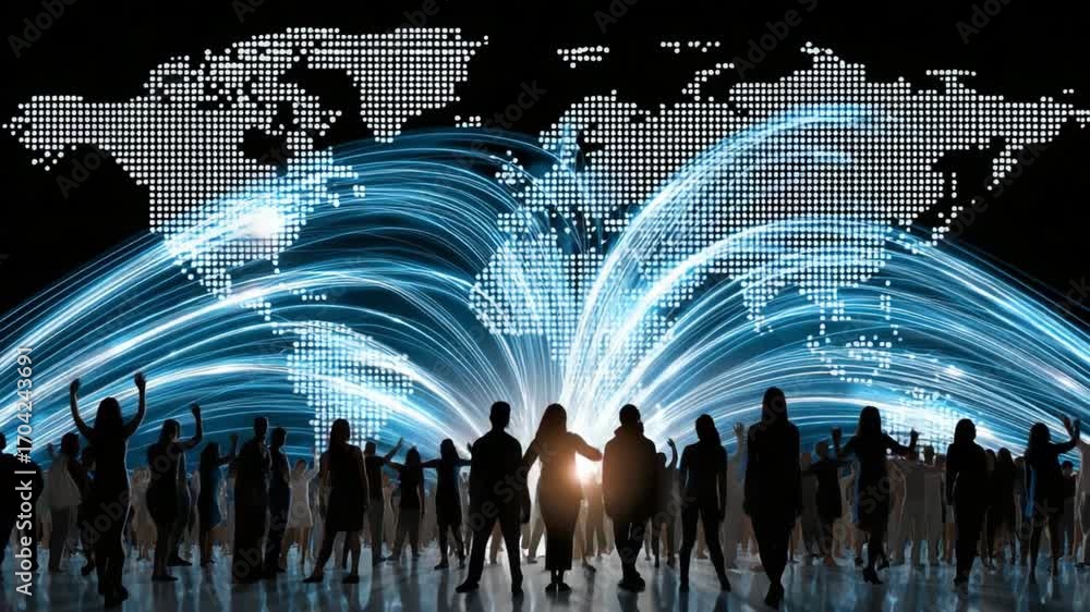 Poster global connectivity: a vibrant silhouette of people interacting amidst a digitally enhanced backdrop