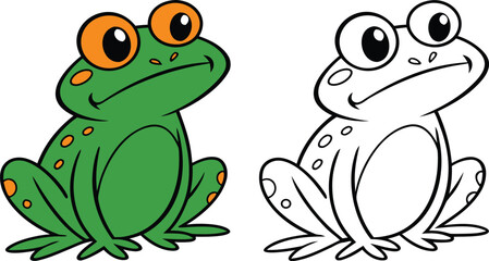 Obraz premium Two Adorable Cartoon Frogs Sitting Pretty One Green and Colorful and the Other a Black and White Outline