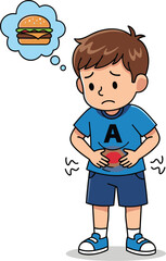 Sad cartoon boy with stomach ache holding belly, thinking about burger, food craving, digestive problem, blue shirt, kid pain, unhealthy eating