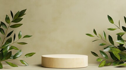 Minimal wooden podium display with green branches