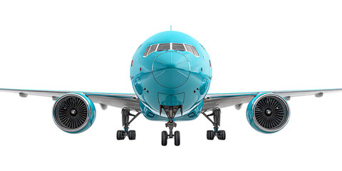 Teal airplane front view, isolated on black background.