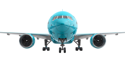 Teal airplane front view, isolated on black background.