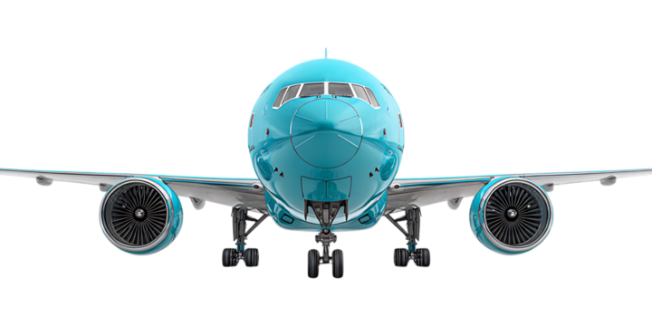 Teal airplane front view, isolated on black background.