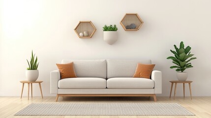 Fototapeta premium Minimalist living room with white sofa and plants