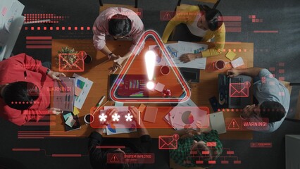 A diverse group of professionals collaborates to address cybersecurity risks, analyzing data and...