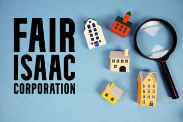 FICO Fair Isaac Corporation text with house models and magnifying glass on blue background