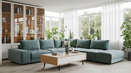 Fototapeta premium Modern Teal Sectional Sofa in a Bright Living Room