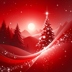 Red Christmas scene with snowy mountains and a decorated tree
