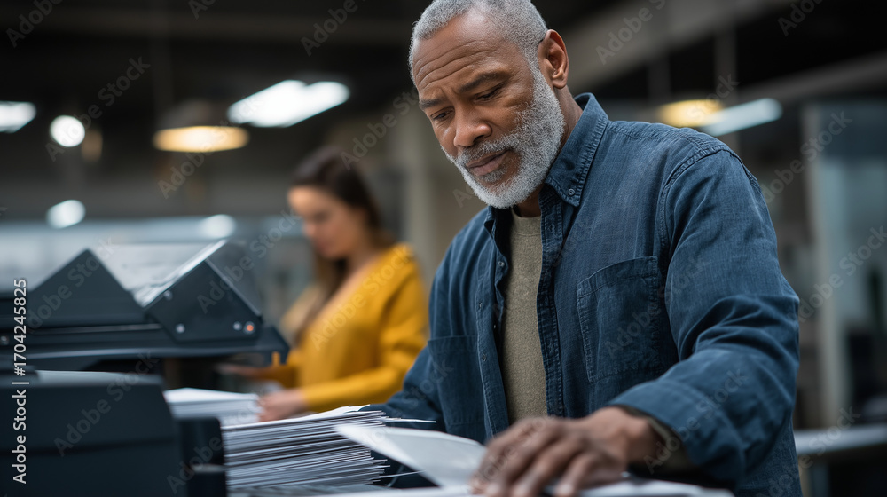 Poster unrecognizable mature black man operating a paper cutter with precision slicing through stacks while