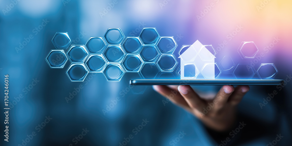 Poster professional demonstrates futuristic property technology through interactive hexagonal digital inter