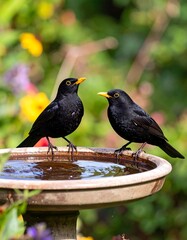 Two blackbirds on a garden birdbath