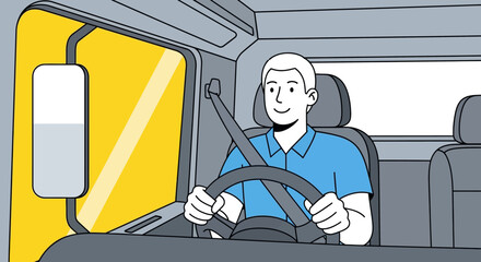 Man driving a truck safely with seatbelt fastened, illustration