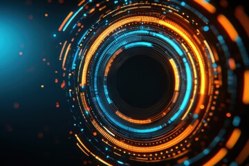 A vibrant, abstract design featuring circular patterns in orange and blue tones, suggesting technology and digital themes.