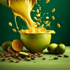 Pouring mango smoothie into a bowl with limes and almonds a vibrant and refreshing tropical treat