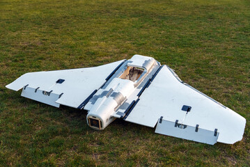 Crashed Russian Gerbera UAV decoy drone lying on the ground. False aerial target used to overload...
