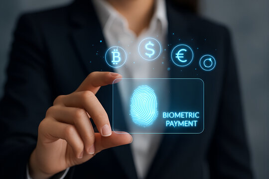 Biometric payment technology with currency symbols and fingerprint scan