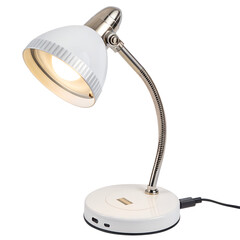 Single modern metallic black desk lamp with a bright bulb for reading and office lighting on a white background