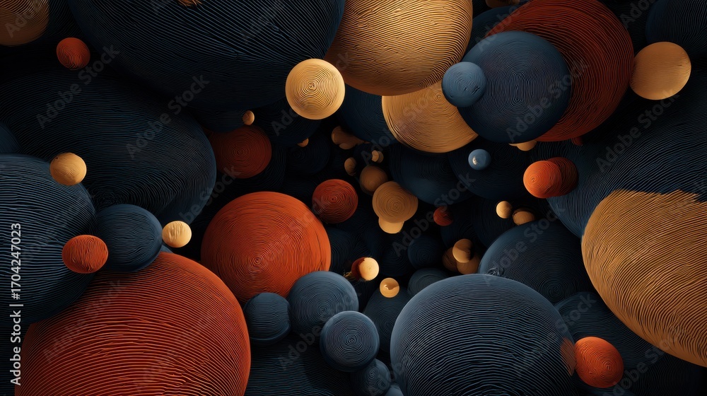 Poster colorful spheres create a vibrant abstract composition in a dark background with intricate textures 