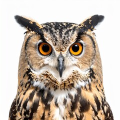 Fototapeta premium Wild Owl Bird with Big Eyes and Feather Detail Isolated on White Background for Animal Object, Wildlife Concept and Nocturnal Bird Photography