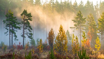 Autumnal forest bathed in morning mist