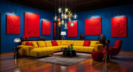 A vibrant and modern living room featuring a large, plush yellow sectional sofa complemented by striking red accent pillows and artwork, all set against a bold blue wall with a dramatic chandelier