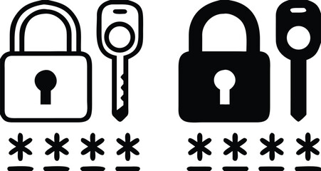 Password Icons. Black and White Vector Illustrations. Padlock, Key, and Hidden Code. Secret Combination of Numbers, Letters, and Symbols to Access Data. Data Security and Protection

