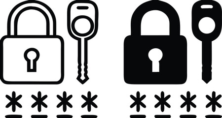 Password Icons. Black and White Vector Illustrations. Padlock, Key, and Hidden Code. Secret Combination of Numbers, Letters, and Symbols to Access Data. Data Security and Protection

