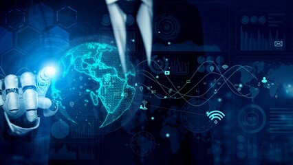 A businessman interacts with a futuristic digital world map and data visualizations, showcasing global connectivity and advanced technology in business analytics. Xenic