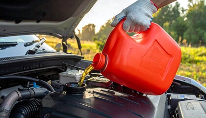 Car engine oil being poured