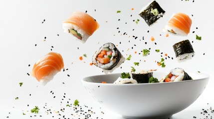 Flying sushi with salmon and sesame seeds
