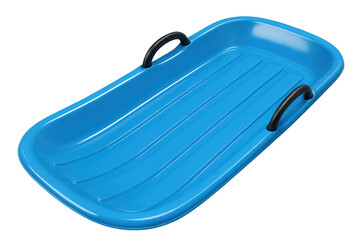 Blue plastic snow sled with black handles on transparent background