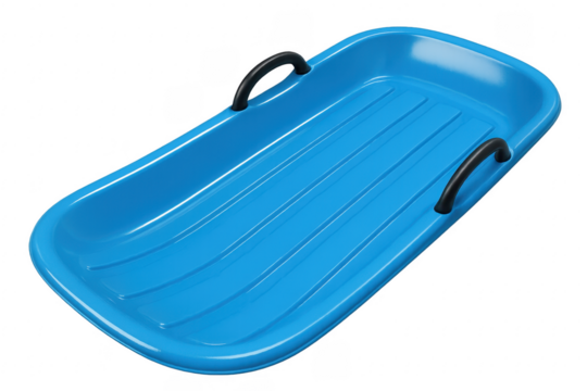 Blue plastic snow sled with black handles on transparent background