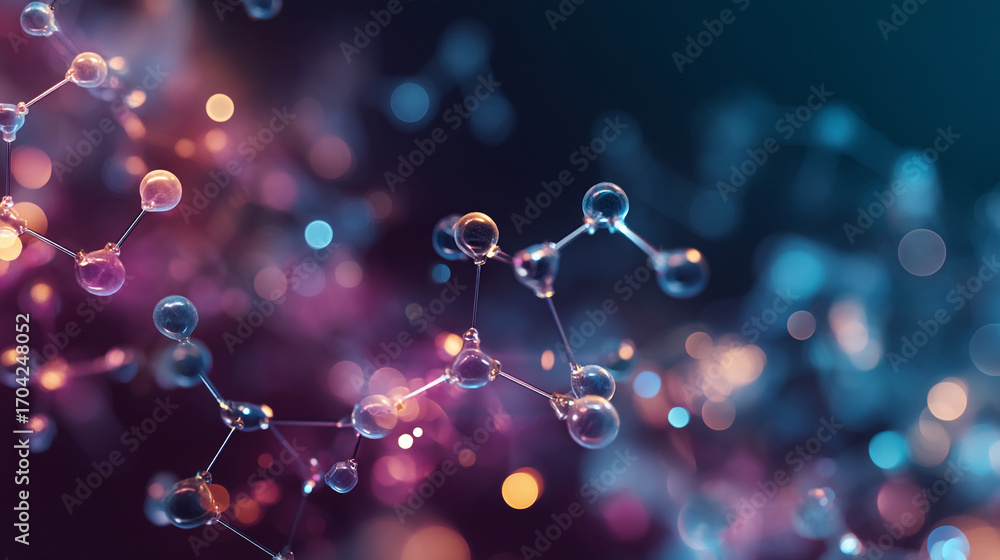 Poster close up view of a molecular structure with a blurred background and a purple and blue color scheme