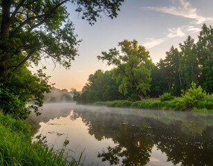 Misty river at dawn through trees